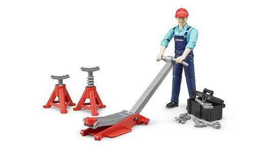 Bruder farmer figure with wheelbarrow, rake, and hay fork for hands-on farm tasks.