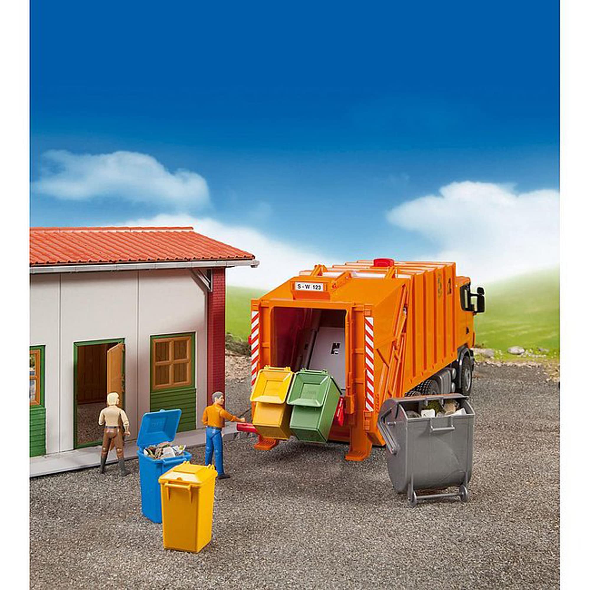 Bruder large silver dumpster on rollers for easy maneuvering in play scenarios