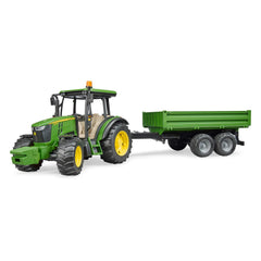 BRUDER John Deere 5115M front view with trailer shows agile steering for precise indoor play.
