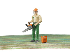 Bruder logging man with helmet and visor, chainsaw, and petrol can for safe, hands-on play.