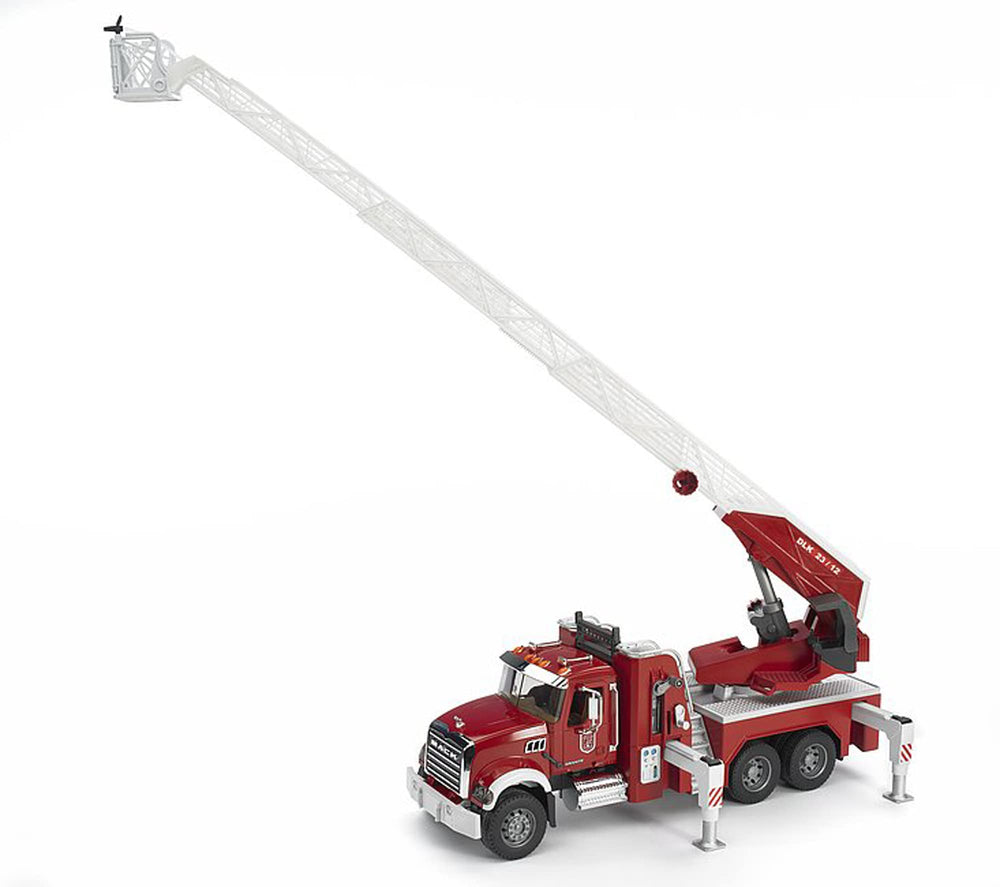 Bruder Mack Granite fire engine chrome details add premium look during pretend calls.