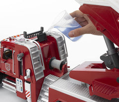 Bruder Mack Granite fire engine opening hood reveals chrome-like detailing.
