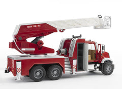 Bruder Mack Granite fire engine turntable ladder extended for elevated scenes.