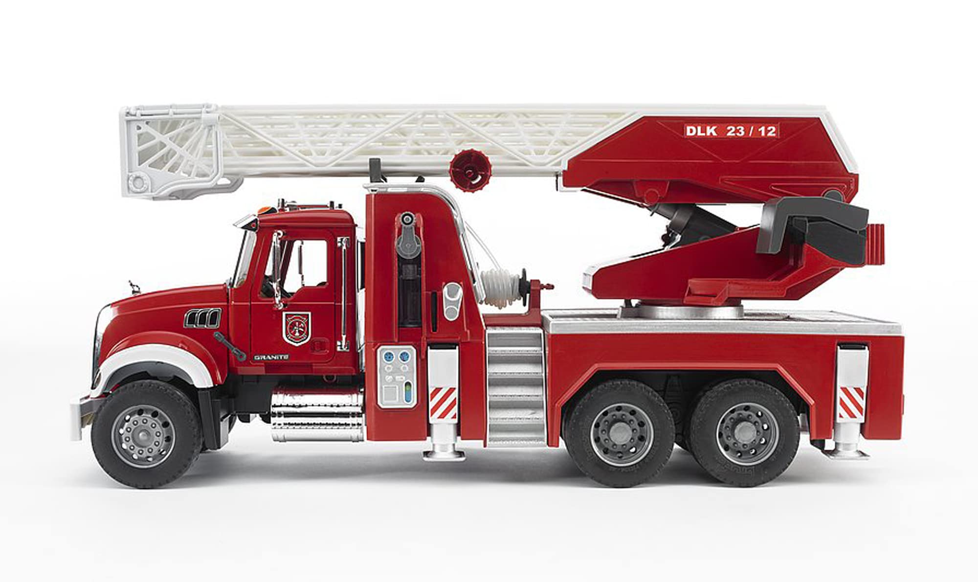 Bruder Mack Granite fire engine water hose reel supports dramatic rescues.