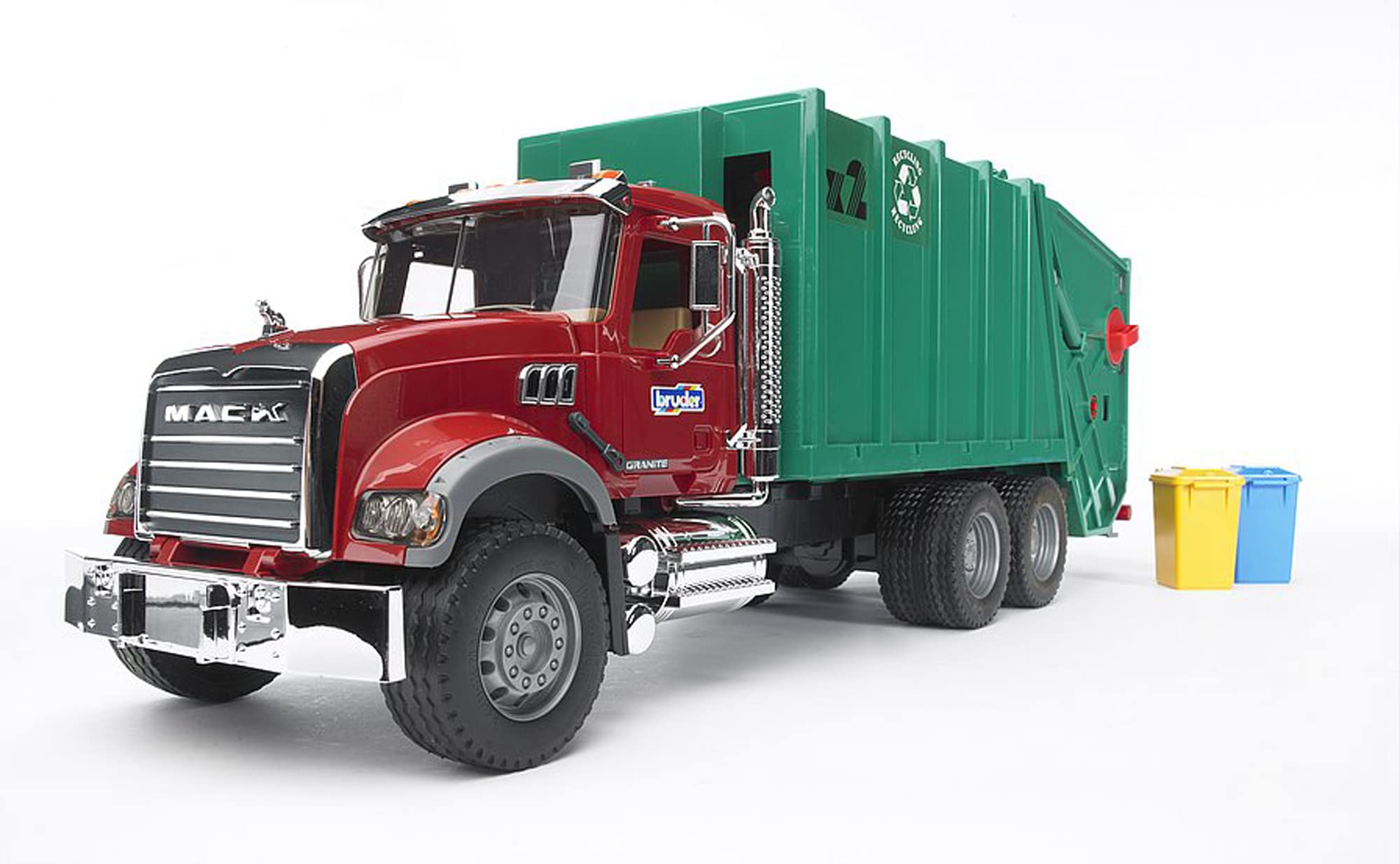 Bruder MACK Granite Garbage Truck front view in ruby red-green, ideal for imaginative play.