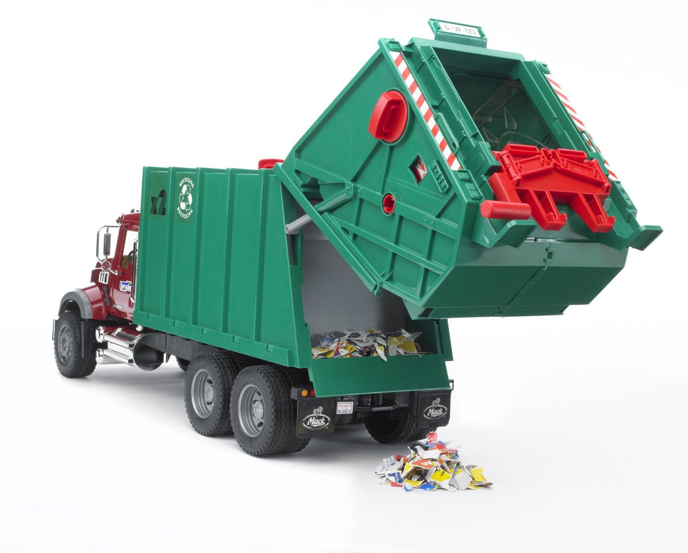 Bruder MACK Granite Garbage Truck tailgate dump feature demonstrating unloading.