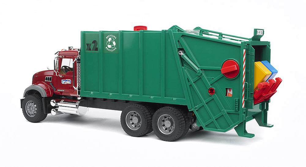 Bruder MACK Granite Garbage Truck colored dustbins shown with the truck.