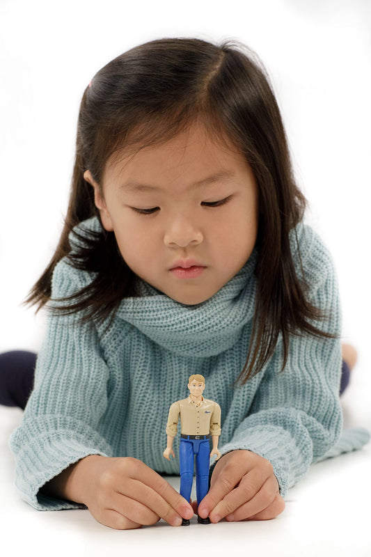 Bruder man 1:16 figure grips objects for interactive pretend play.