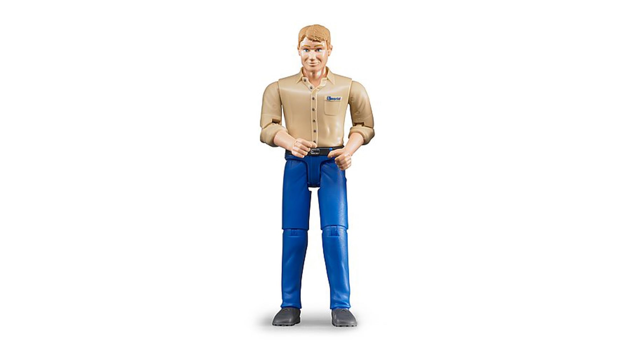 Bruder man 1:16 figure with poseable limbs for dynamic play in light skin and blue jeans.