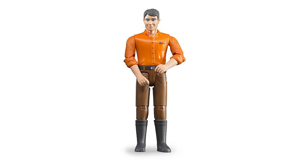 Bruder man figure in light skin and brown jeans for imaginative play with Bruder vehicles.