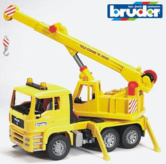 Bruder Man TGA crane truck with outriggers extended for stable lifts.