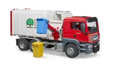 Bruder Man TGS side-loading garbage truck compactors detail, two screw-type systems for authentic operation.