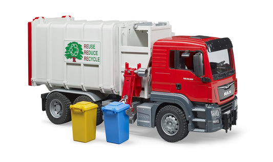 Bruder Man TGS side-loading garbage truck front view, durable ABS construction for indoor and outdoor play.