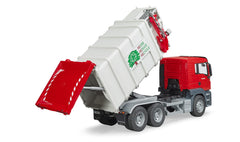 Bruder Man TGS side-loading garbage truck open tailgate, easy emptying for imagined waste scenarios.
