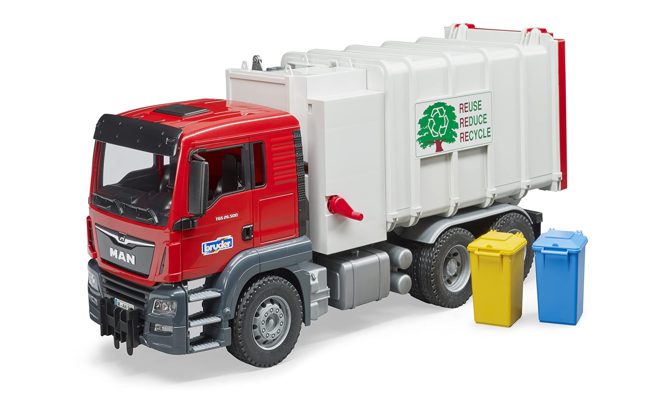 Bruder Man TGS side-loading garbage truck side loader, lifter arm and realistic action for pretend play.