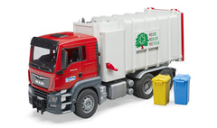 Bruder Man TGS side-loading garbage truck side loader, lifter arm and realistic action for pretend play.