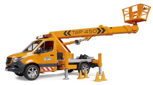 Bruder MB Sprinter work platform raises figures up to 70 cm for realistic tasks.