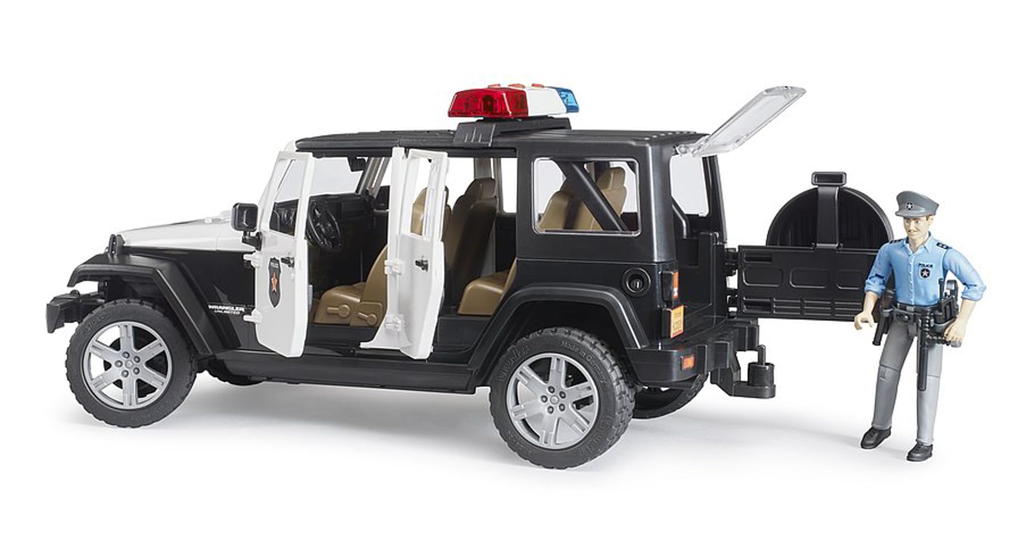 Bruder off-road suspension and tyres for rugged outdoor play.