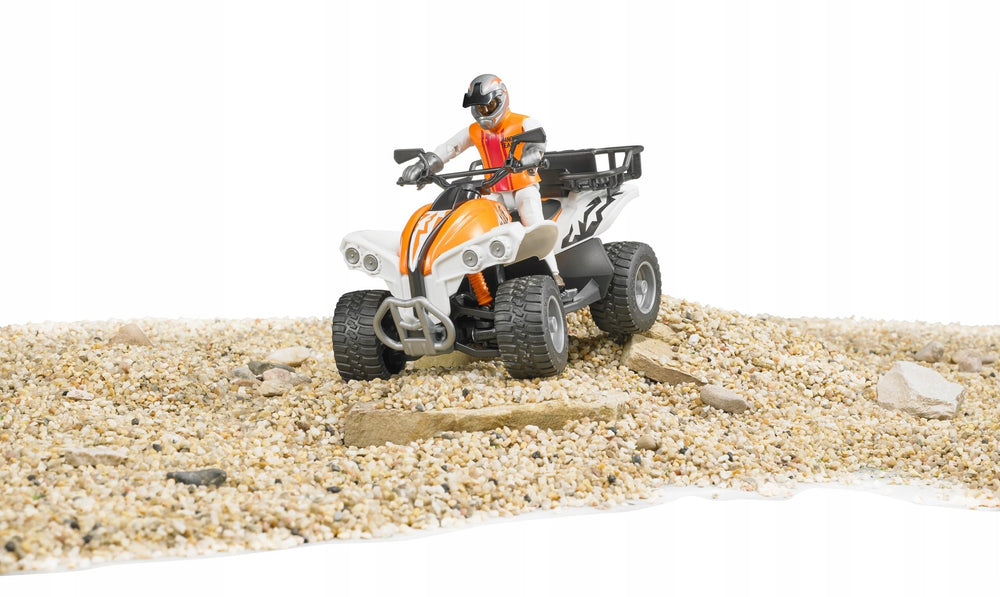 Bruder Quad with Driver bworld figure in action, scale interaction enhances storytelling