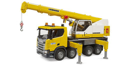 Bruder Scania Super 560R Liebherr crane truck front view with durable polycarbonate cab