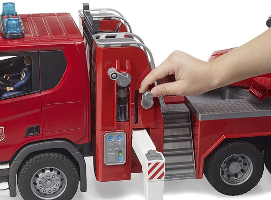 BRUDER Scania 560R with extendable ladder enabling height-based rescue roleplay.