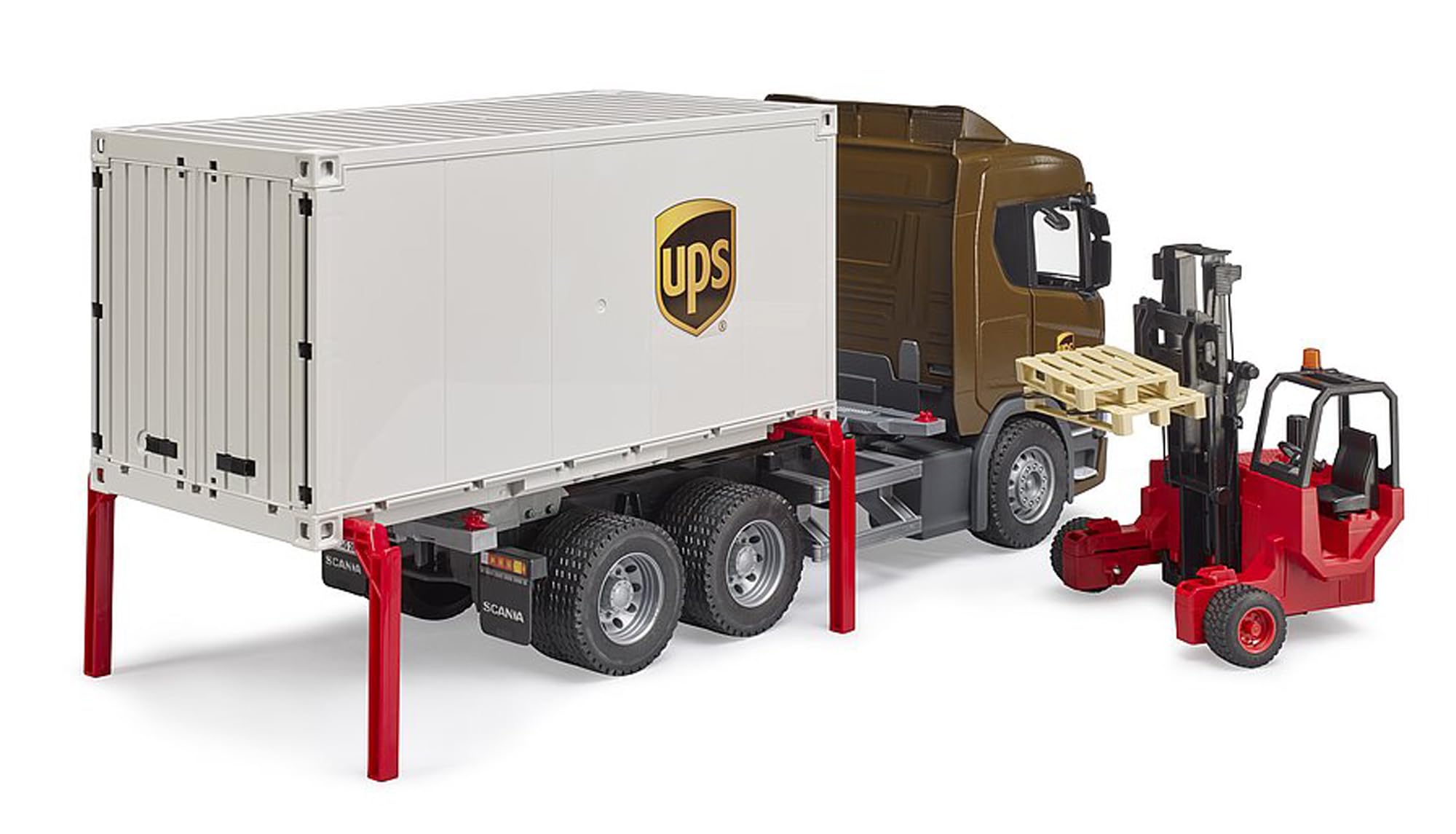 Bruder Scania Super 560R UPS truck container unit illustrates modular parts and swing doors