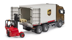 Bruder Scania Super 560R UPS truck forklift action demonstrates interactive play with movable forks