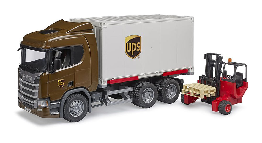 Bruder Scania Super 560R UPS truck front view highlights durable build for lasting pretend play
