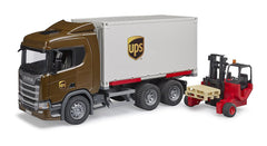 Bruder Scania Super 560R UPS truck front view highlights durable build for lasting pretend play