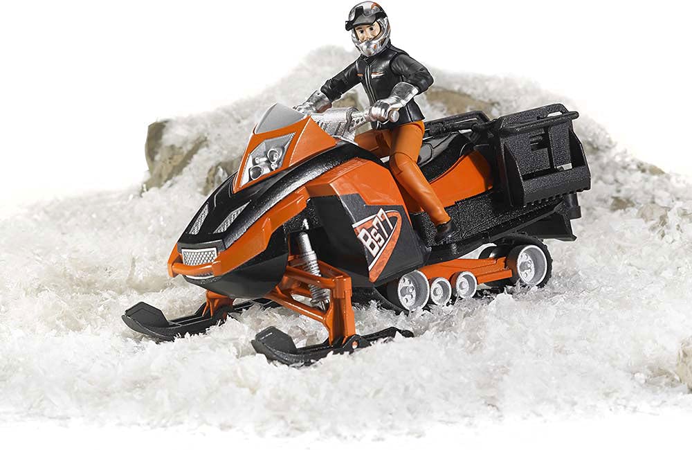 Elastomer chassis detail on Bruder snowmobile enables smooth movement over terrain.
