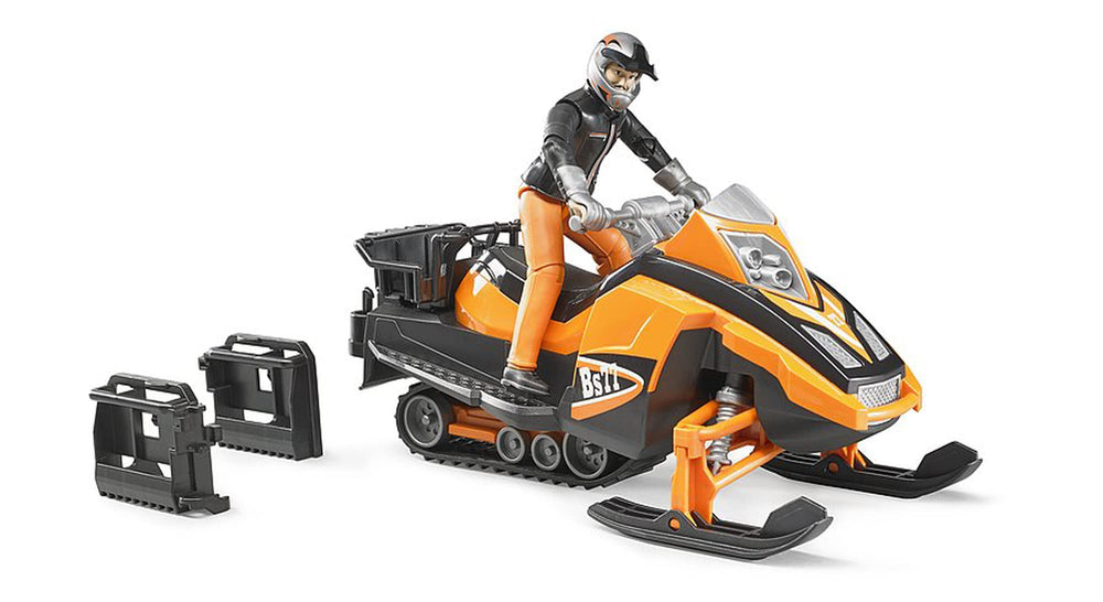 Removable luggage rack stores toolbox or gear during Bruder snowmobile play.