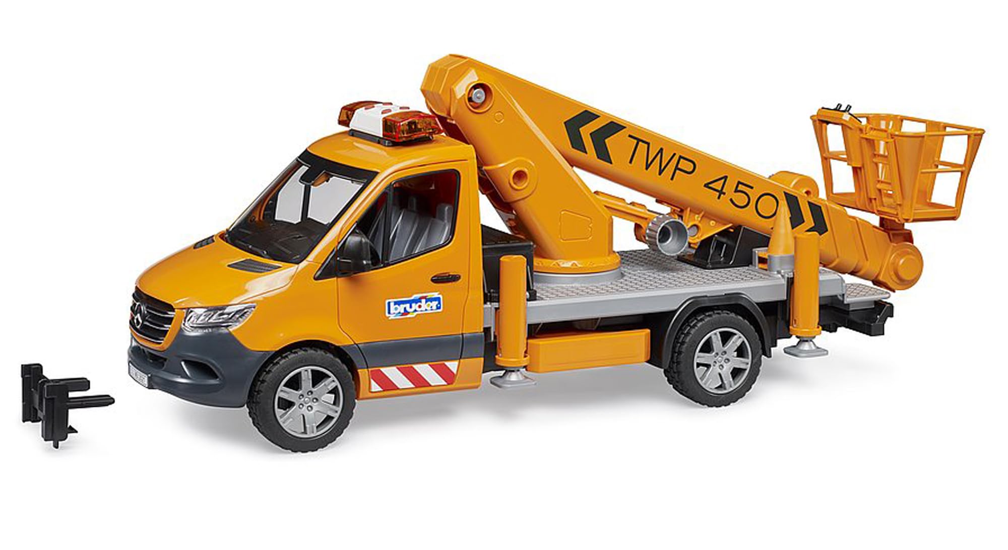 Extendable crane boom on the Bruder Sprinter enables versatile reach for play.