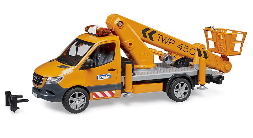 Extendable crane boom on the Bruder Sprinter enables versatile reach for play.