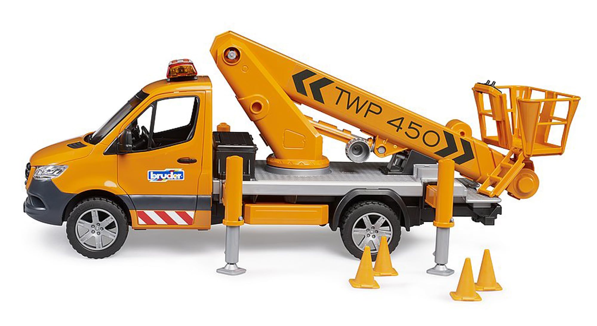 Stabilisers and pylons with the Bruder Sprinter help cordon off the work area.