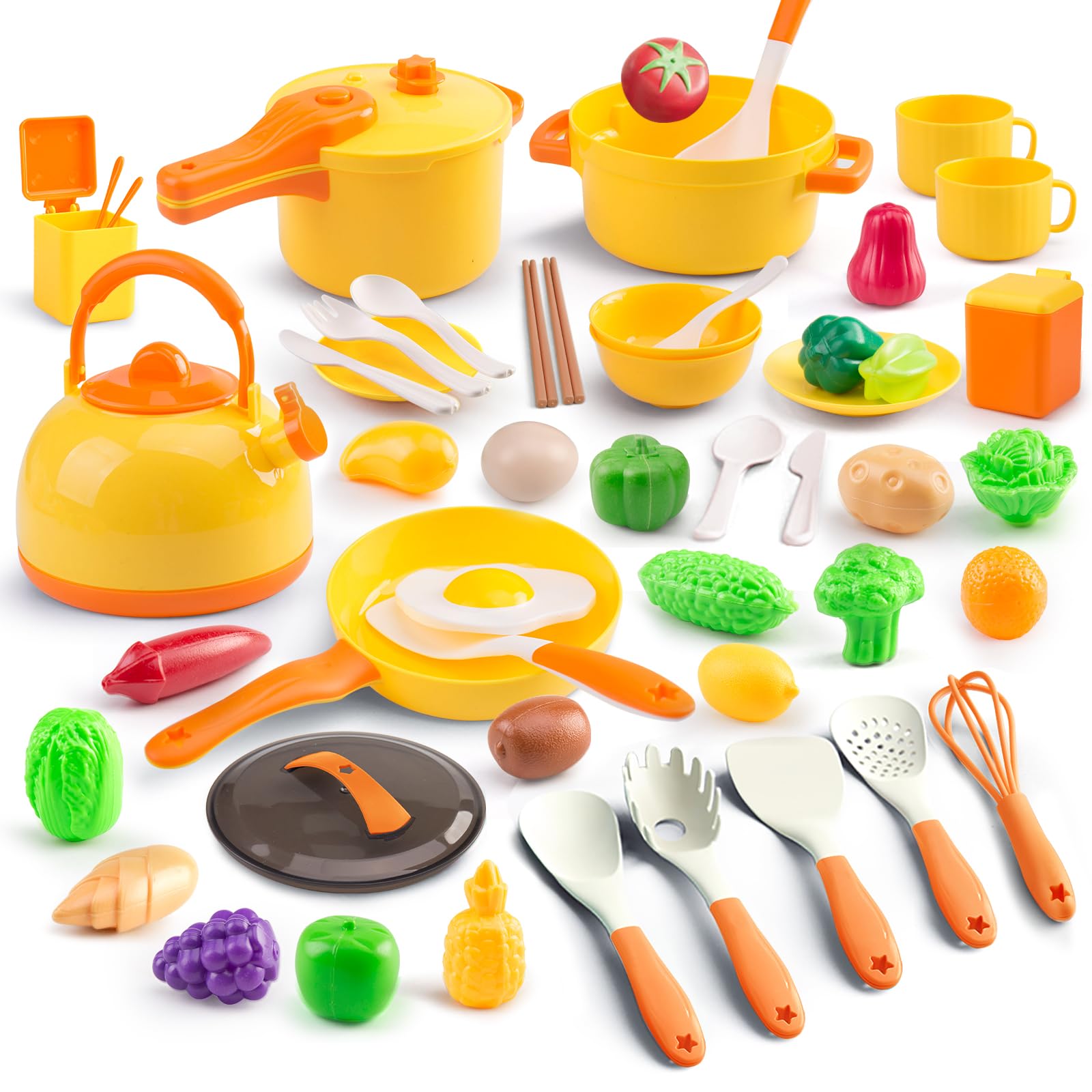 Bruvoalon 56-piece mini play kitchen set with colorful cookware inspires imaginative cooking.