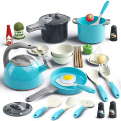 Bruvoalon teal grey kitchen set pots and pans for imaginative play.