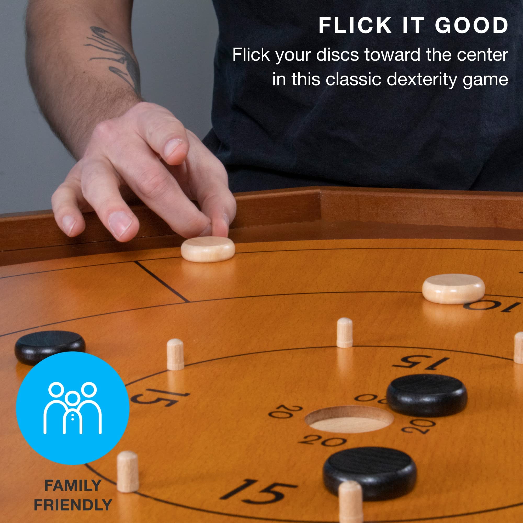 Brybelly crokinole discs black and white 24-piece set for authentic play.