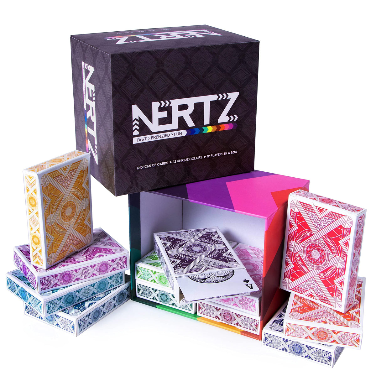 Brybelly Nertz 12-deck setup for a party-ready game night.