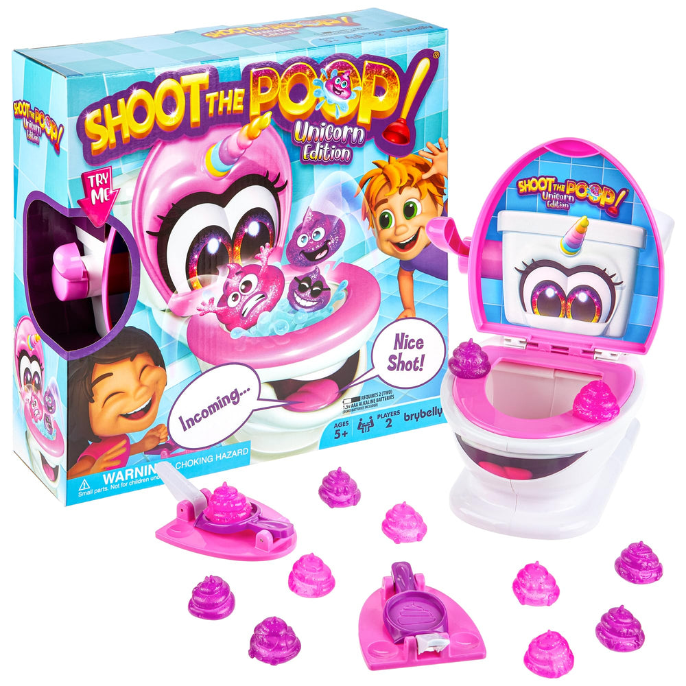Brybelly Shoot The Poop Unicorn Edition Swirlie the Toilet delivering playful jokes for family night