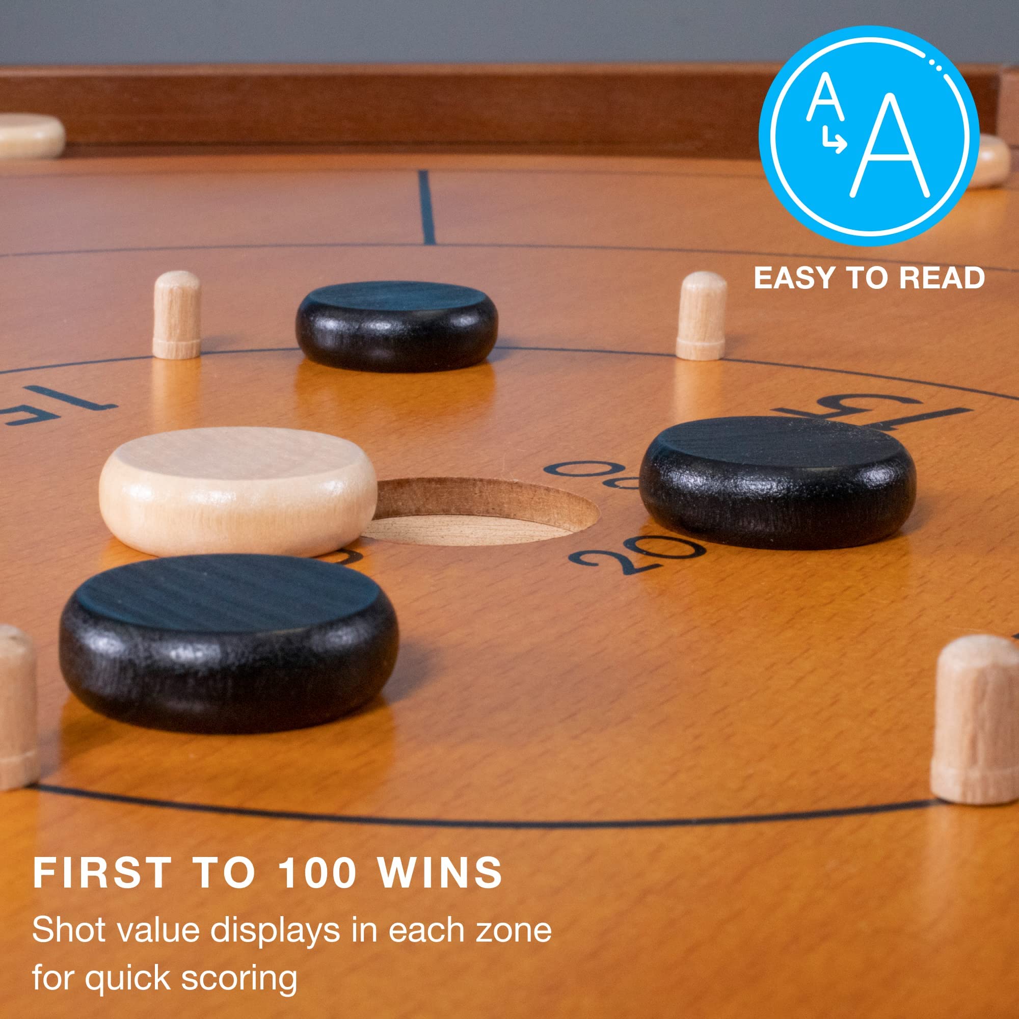 Brybelly wooden crokinole board close-up shows smooth finish.