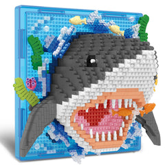 BseSparklion Shark 3D wall art with 1644 micro blocks for vivid ocean decor.