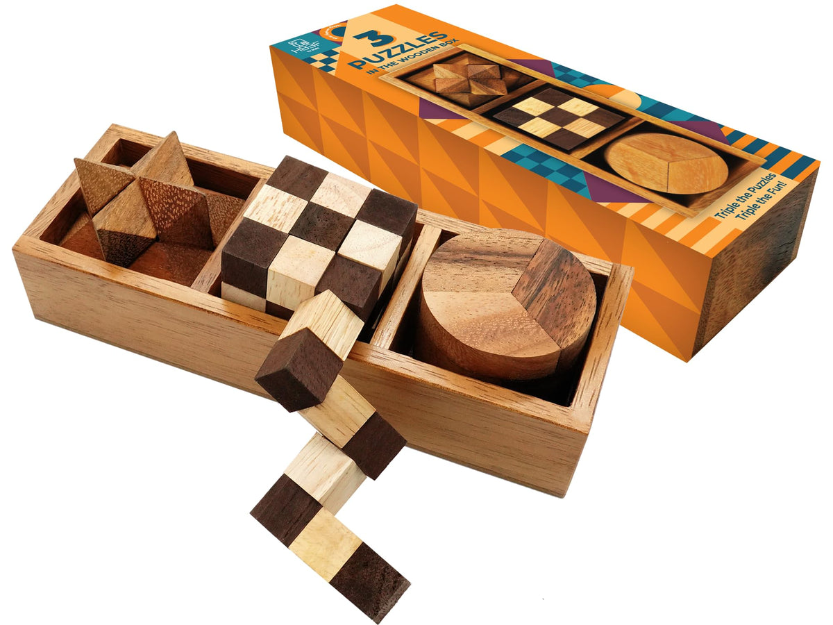 BSIRI 3 puzzles in a box on coffee table with elegant wood finish for family game night
