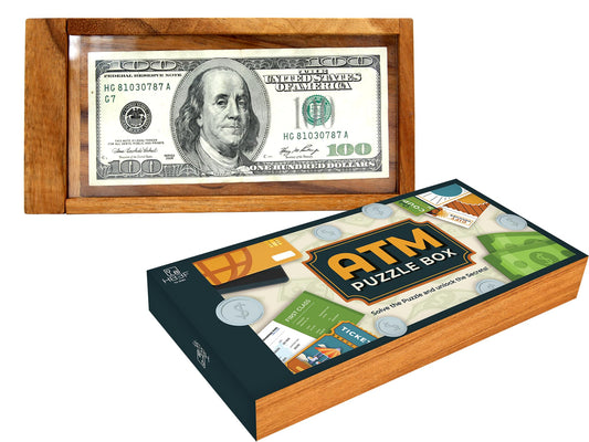 BSIRI ATM Puzzle Box front view highlights its crafted wood and hidden compartments.