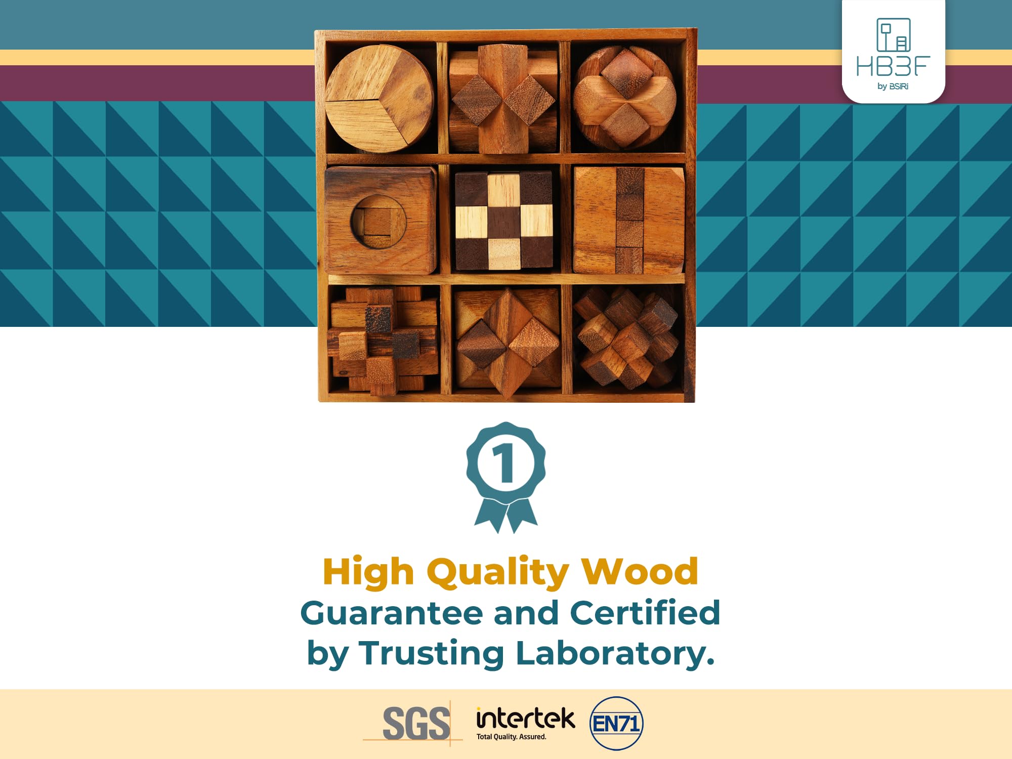 Close-up of BSIRI hard-level puzzles, highlighting precise workmanship and smooth edges.