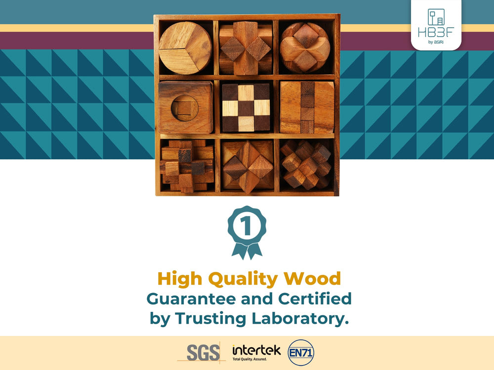 Close-up of BSIRI hard-level puzzles, highlighting precise workmanship and smooth edges.