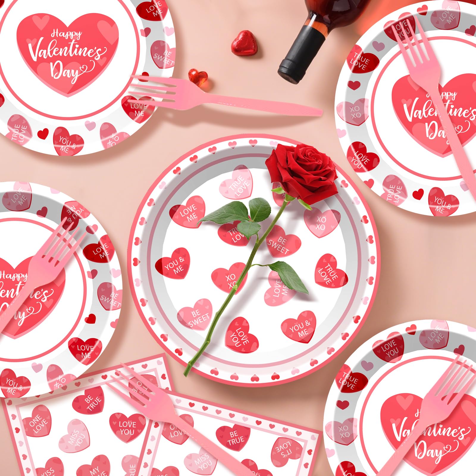 BSOMAM Valentines Day dessert plates 7-inch featuring pink hearts for dessert courses.
