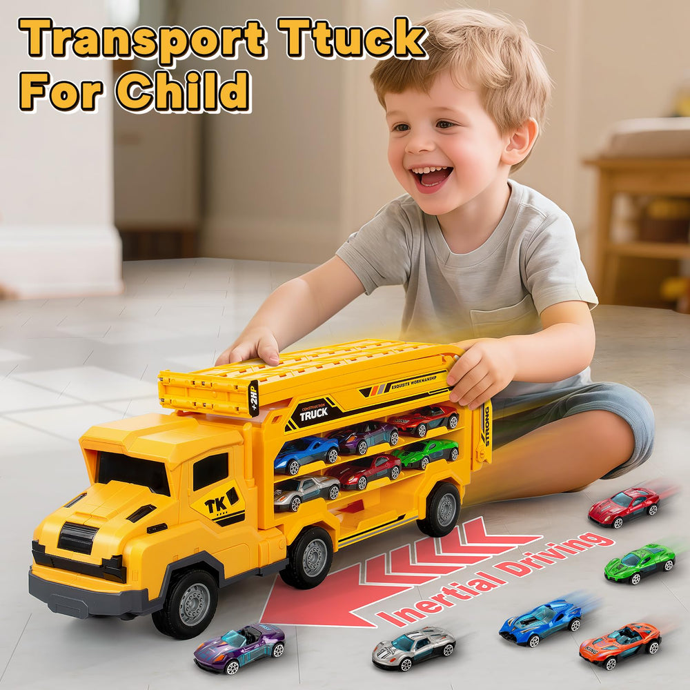 Bstoyder car carrier truck includes six durable metal cars for racing