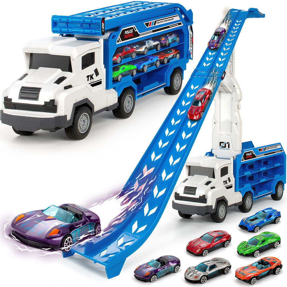 Bstoyder blue car carrier truck with six metal race cars for kids' imaginative play