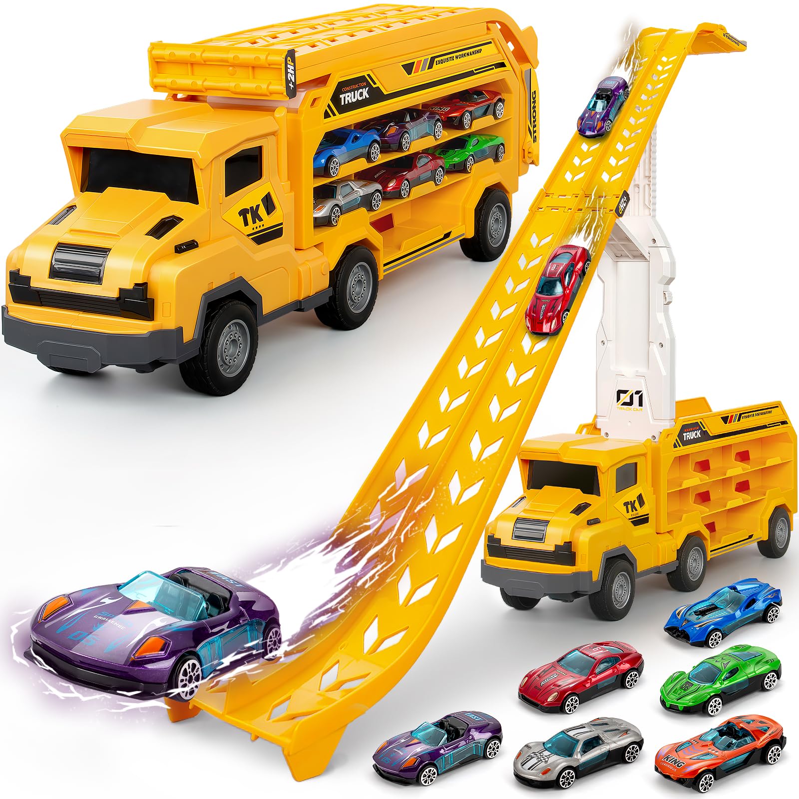 Bstoyder car carrier truck with foldable track for engaging toddler play