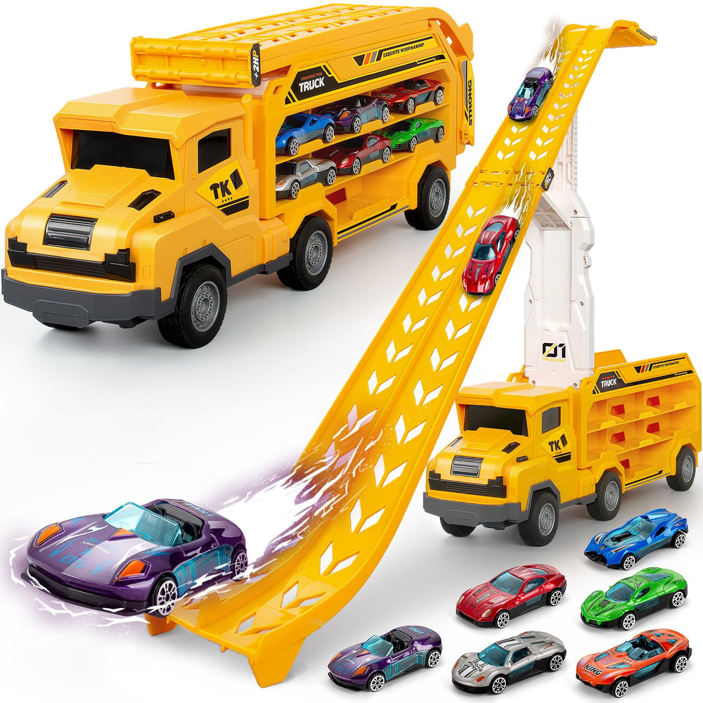 Bstoyder car carrier truck with foldable track for engaging toddler play